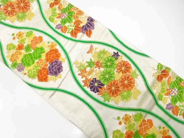 JAPANESE KIMONO / ANTIQUE FUKURO OBI / SILK / WOVEN FLORAL PLANTS